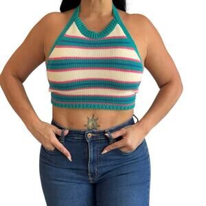Zara Knit Striped Halter Crop Top Multicolor Open Back Tie Size M Summer Y2K